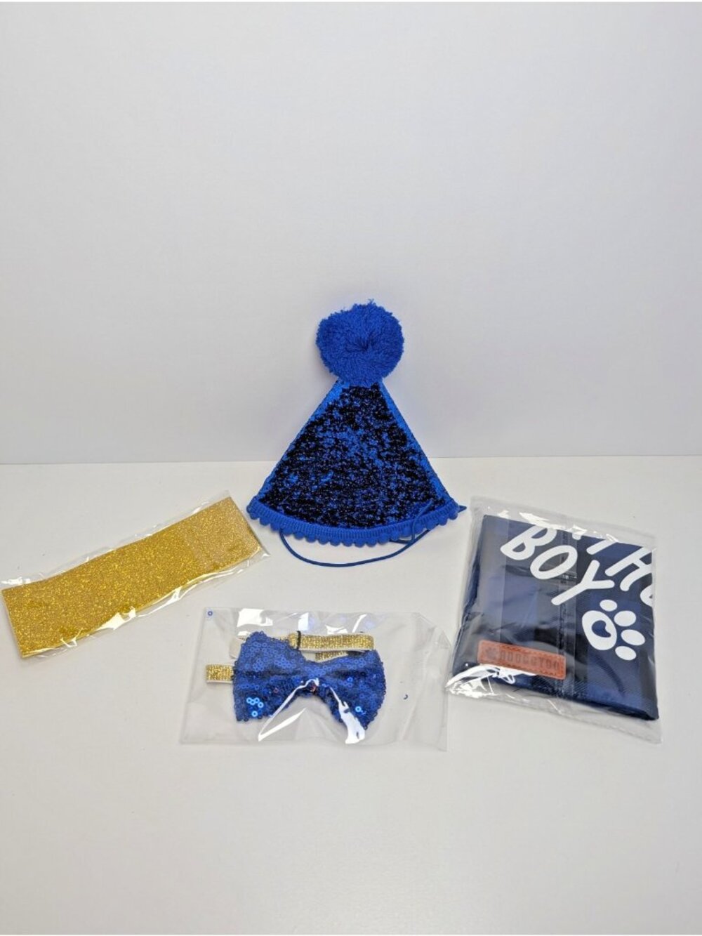 Dog Birthday Party Supplies Bandana Hat Bow Tie 0-8 Numbers Blue -Large